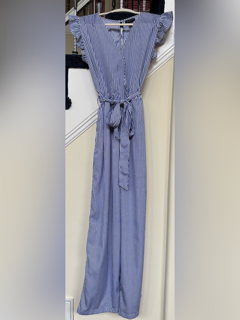 Striped Blue & White Tie-Waist Jumpsuit
